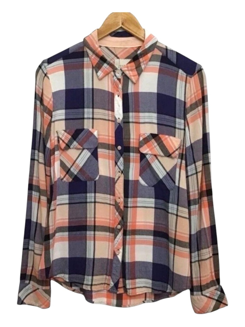 GUESS Plaid Button Down Shirt Women’s Small Ecru Pink Blue Peach Rayon Blend
